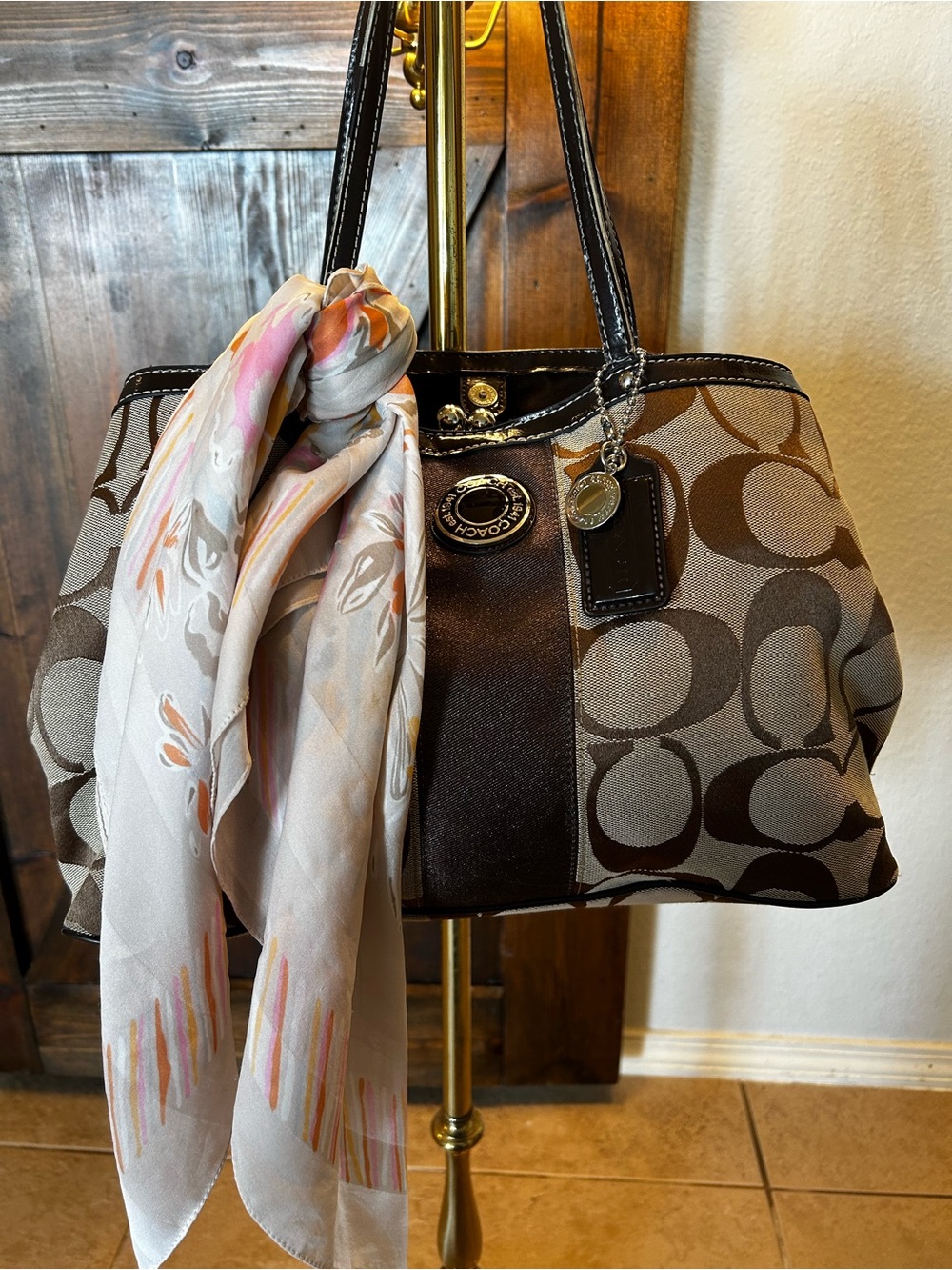 Coach Brown Signature Canvas kiss lock Shoulder Bag with Scarf